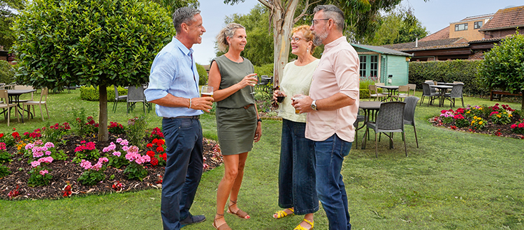 Group walking by the resort